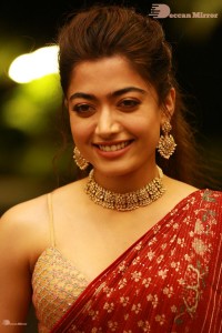 Telugu Actress Rashmika Mandanna dressed in a Red Saree at Sultan Pre Release Event