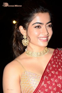 Telugu Actress Rashmika Mandanna dressed in a Red Saree at Sultan Pre Release Event