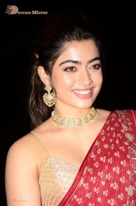 Telugu Actress Rashmika Mandanna dressed in a Red Saree at Sultan Pre Release Event
