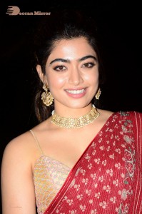 Telugu Actress Rashmika Mandanna dressed in a Red Saree at Sultan Pre Release Event
