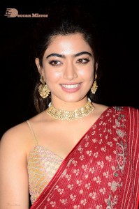 Telugu Actress Rashmika Mandanna dressed in a Red Saree at Sultan Pre Release Event
