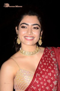 Telugu Actress Rashmika Mandanna dressed in a Red Saree at Sultan Pre Release Event