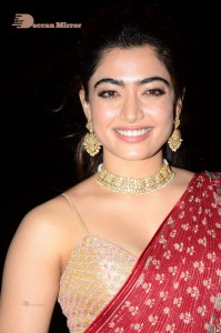 Telugu Actress Rashmika Mandanna dressed in a Red Saree at Sultan Pre Release Event