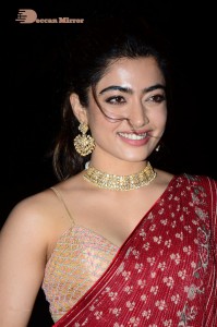 Telugu Actress Rashmika Mandanna dressed in a Red Saree at Sultan Pre Release Event