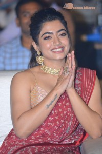 Telugu Actress Rashmika Mandanna dressed in a Red Saree at Sultan Pre Release Event