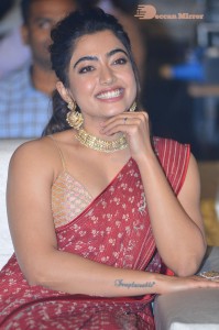 Telugu Actress Rashmika Mandanna dressed in a Red Saree at Sultan Pre Release Event