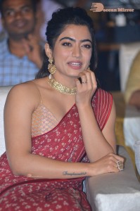 Telugu Actress Rashmika Mandanna dressed in a Red Saree at Sultan Pre Release Event
