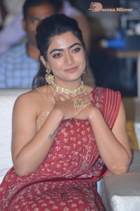 Telugu Actress Rashmika Mandanna dressed in a Red Saree at Sultan Pre Release Event