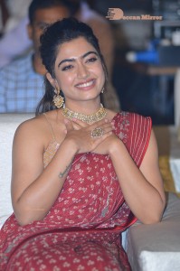 Telugu Actress Rashmika Mandanna dressed in a Red Saree at Sultan Pre Release Event