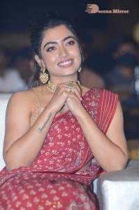 Telugu Actress Rashmika Mandanna dressed in a Red Saree at Sultan Pre Release Event
