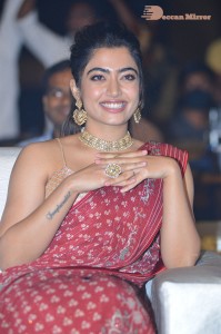 Telugu Actress Rashmika Mandanna dressed in a Red Saree at Sultan Pre Release Event