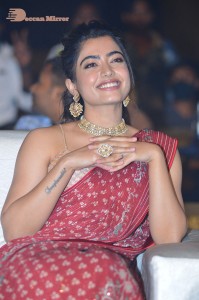 Telugu Actress Rashmika Mandanna dressed in a Red Saree at Sultan Pre Release Event