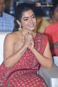 Telugu Actress Rashmika Mandanna dressed in a Red Saree at Sultan Pre Release Event