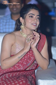 Telugu Actress Rashmika Mandanna dressed in a Red Saree at Sultan Pre Release Event