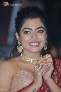 Telugu Actress Rashmika Mandanna dressed in a Red Saree at Sultan Pre Release Event