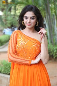indian actress roshni sahota glamorous in a shoulderless orange dress