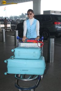 actress Rubina Dilaik in white and blue dress at mumbai airport