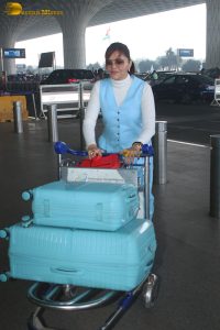 actress Rubina Dilaik in white and blue dress at mumbai airport