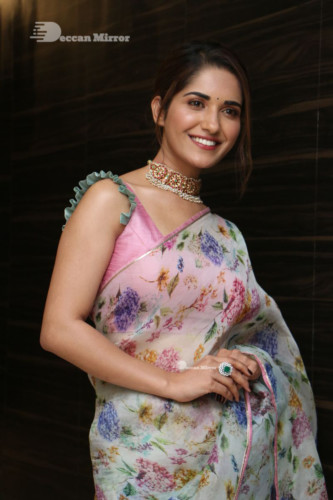 Telugu Actress Ruhani Sharma in a white and pink saree