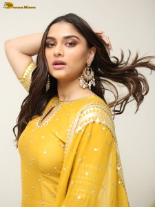 actress Saiee Manjrekar sexy looks in a yellow salwar dress