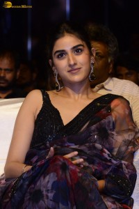 actress sakshi vaidya cute looks in a black saree at a movie event