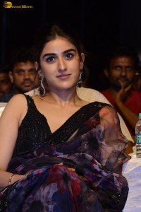 actress sakshi vaidya cute looks in a black saree at a movie event