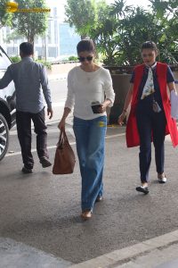 tollywood actress samantha in a white t-shirt and blue denim jeans at mumbai airport