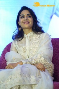 Actress Samyuktha Menon in a white salwar kameez