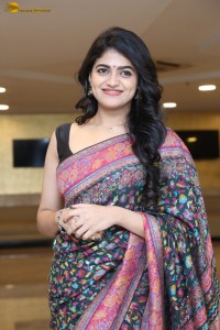 Indian actress Sangeerthana Vipin in a colorful black saree