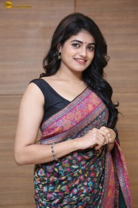 Indian actress Sangeerthana Vipin in a colorful black saree