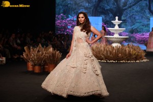 Tennis player Sania Mirza walks the ramp at Lakme Fashion Week 2022 in white lehenga choli