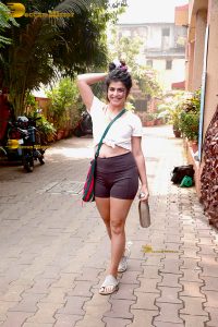 anchor and actress shenaz treasury cute in white top and shorts