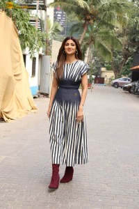 actress shilpa shetty stunning photoshoot in a black and white stripes dress
