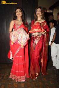 Shilpa Shetty pretty in red saree celebrating Karva Chauth
