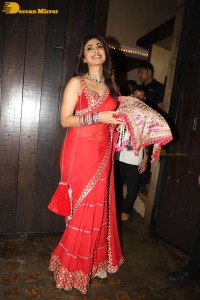 Shilpa Shetty pretty in red saree celebrating Karva Chauth