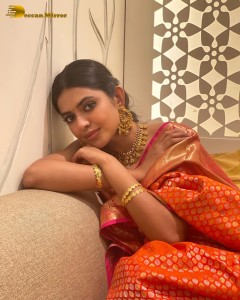 Telugu Actress Shivani Rajashekar in a red silk saree