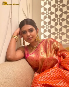Telugu Actress Shivani Rajashekar in a red silk saree