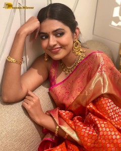 Telugu Actress Shivani Rajashekar in a red silk saree