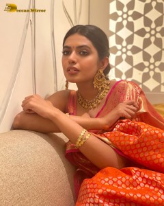 Telugu Actress Shivani Rajashekar in a red silk saree