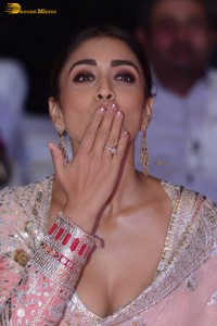 Indian actress shriya saran in a low neck pink dress at function