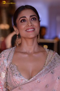 Indian actress shriya saran in a low neck pink dress at function