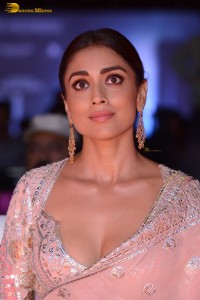 Indian actress shriya saran in a low neck pink dress at function
