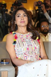 actress shriya saran in a shoulderless colorful dress