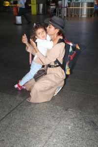 Actress Shriya Saran and her daughter Radha were spotted at the Mumbai Airport on April 15, 2024