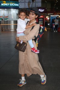 Actress Shriya Saran and her daughter Radha were spotted at the Mumbai Airport on April 15, 2024