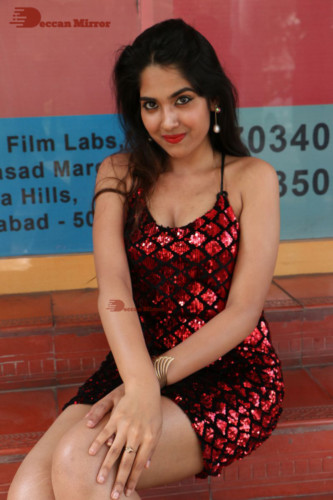 Telugu Actress Simar in a black and red dress