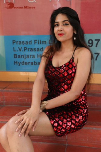 Telugu Actress Simar in a black and red dress