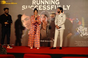 Mrunal Thakur and Dulquer Salmaan attend the success meet of the film Sita Ramam in Mumbai