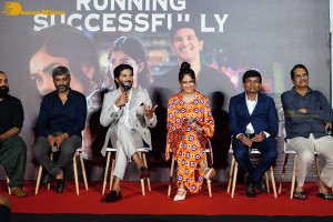 Mrunal Thakur and Dulquer Salmaan attend the success meet of the film Sita Ramam in Mumbai