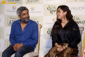 Dulquer Salman, Rashmika Mandanna and Mrunal Thakur attend the trailer launch of the movie Sita Ramam